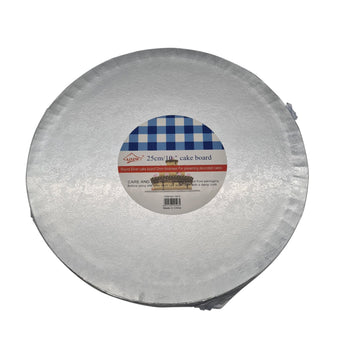 Round cake board with a label on a white background