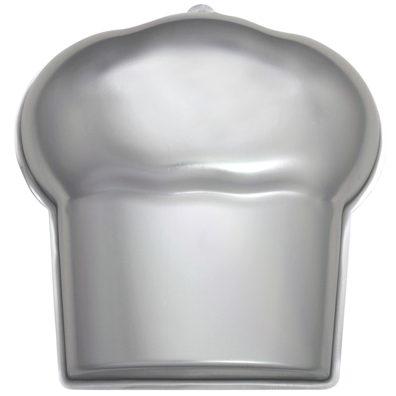 Metallic silver cake mold on a white background