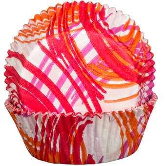 Colorful cupcake liners with red, orange, and pink patterns on a white background