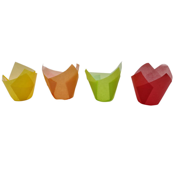 Four colorful tulip muffin wraps in yellow, orange, green, and red on a white background