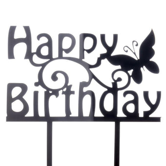 Black 'Happy Birthday' cake topper with a butterfly on a white background