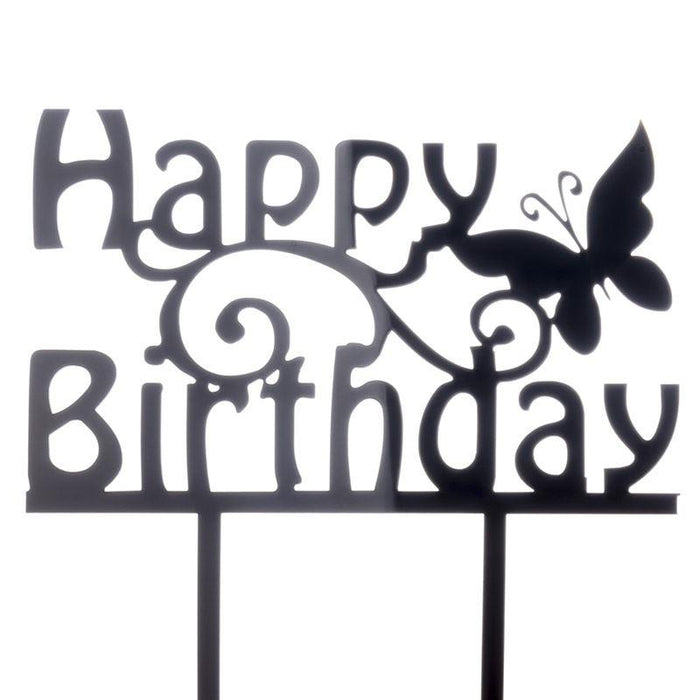 Black 'Happy Birthday' cake topper with a butterfly on a white background