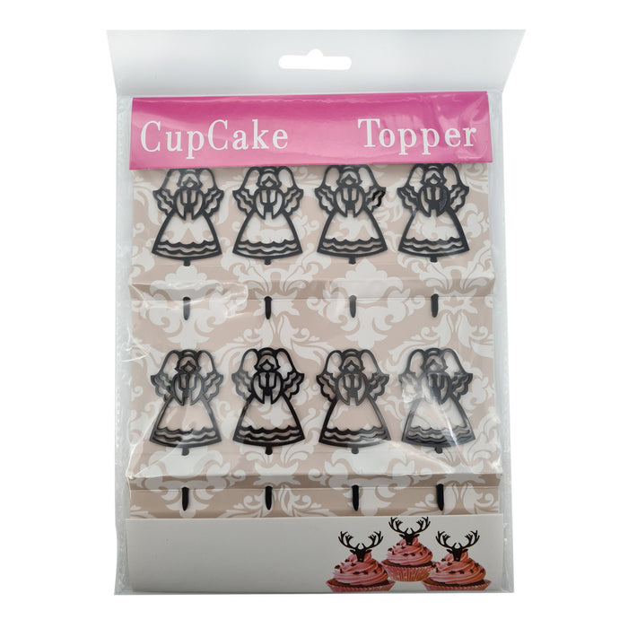 Packaged cupcake toppers with angel designs on a decorative background