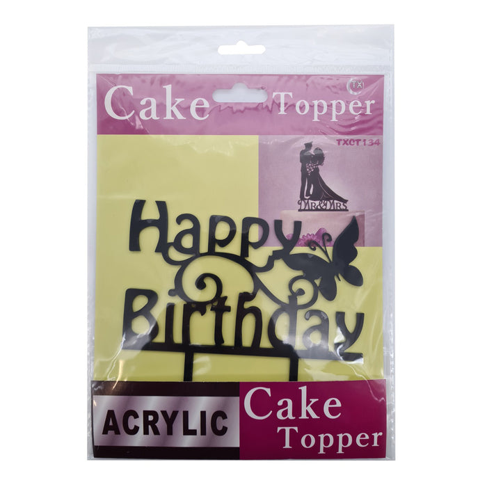 Packaged acrylic 'Happy Birthday' cake topper with butterfly design on a white background