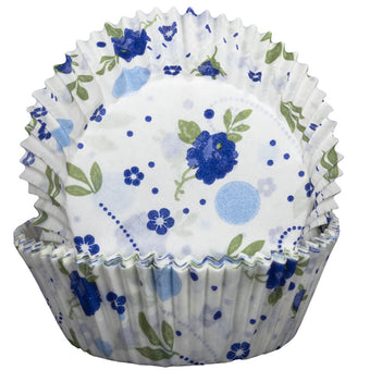 Floral cupcake liners with blue flowers on a white background