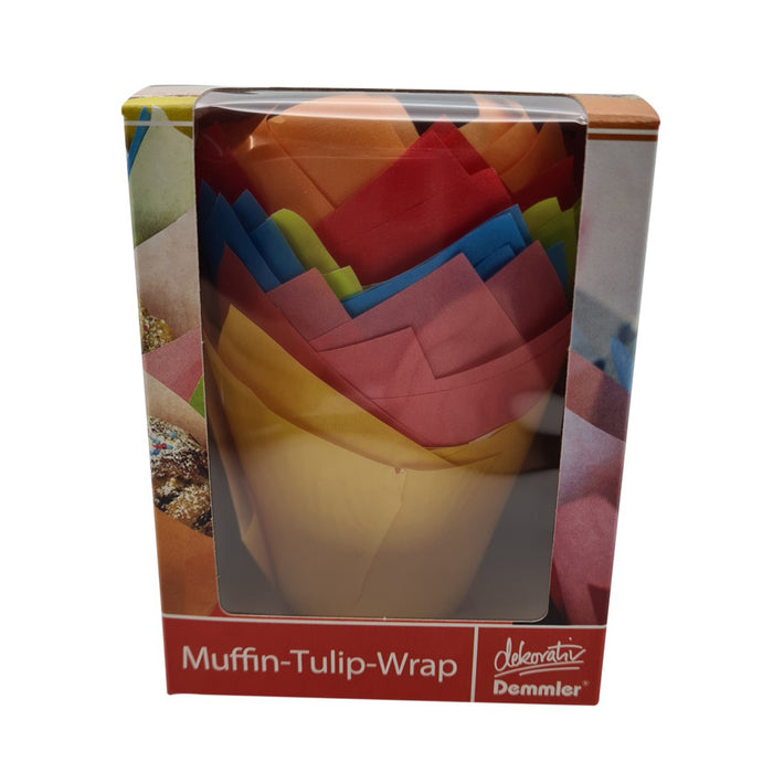 Packaging of muffin-tulip-wrap with colorful muffins on a white background