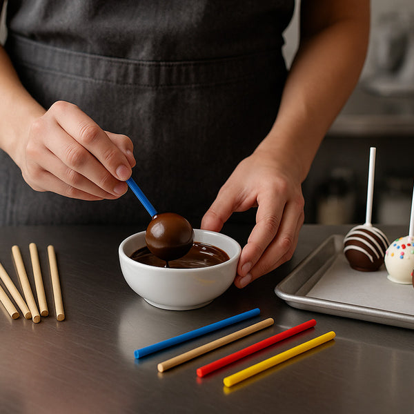 Cake pop sticks going into cake pops