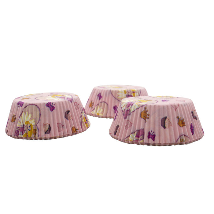 Pink cupcake liners with fairy and butterfly design on a white background