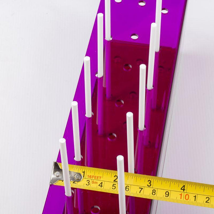 Purple acrylic cake pop stand – 19 hole display holder with measurements on a white background