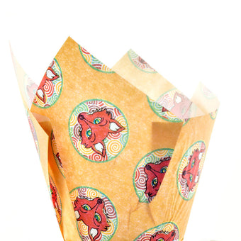 Cupcake tulip wraps with red fox pattern on a white background