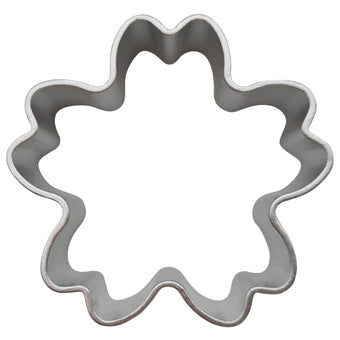 Stainless steel flower-shaped cookie cutter on a white background