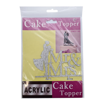 Packaged acrylic 'Mr & Mrs' cake topper with yellow and pink background