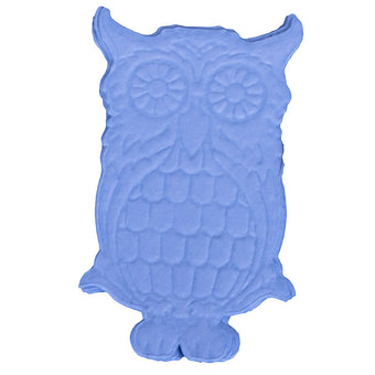 Blue owl-shaped cake topper on a white background