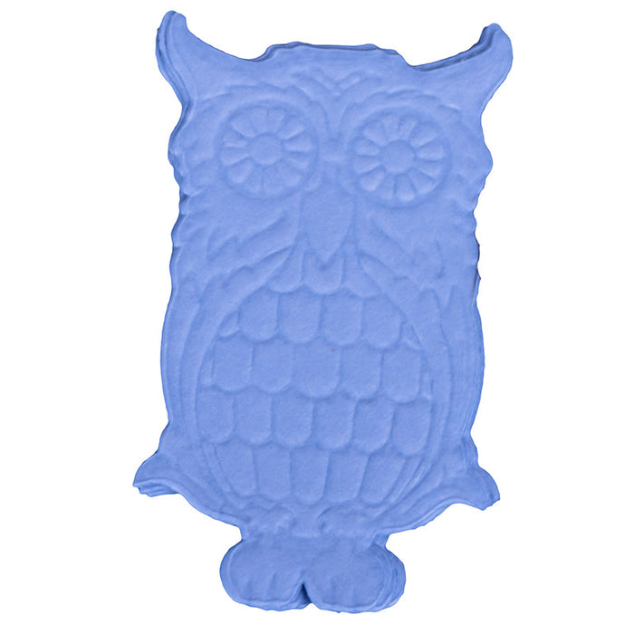 Blue owl-shaped cake topper on a white background