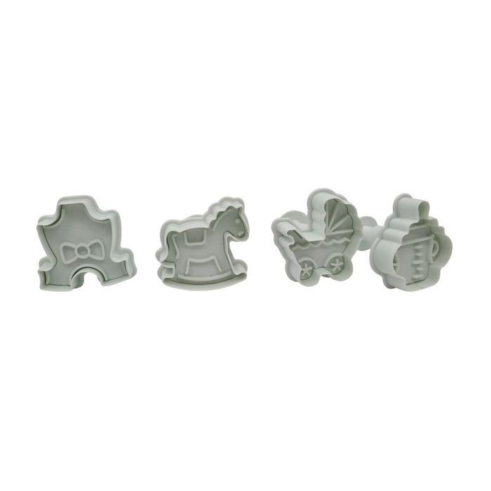 Set of 4 Baby themed fondant plunger cutters on a white background