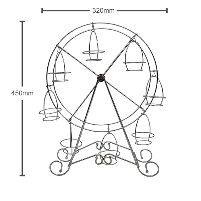Measurement chart of a decorative metal ferris wheel cupcake holders on a white background