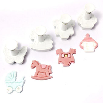 Set of baby-themed fondant plunger cutters on a white background