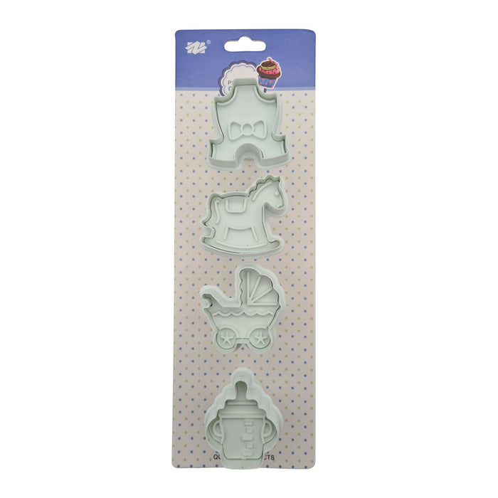 Set of four plunger cutters shaped like a baby carriage, rocking horse, bottle, and baby grow on a packaging with a white background.