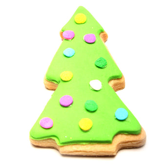 Christmas tree-shaped cookie with colorful decorations on a white background