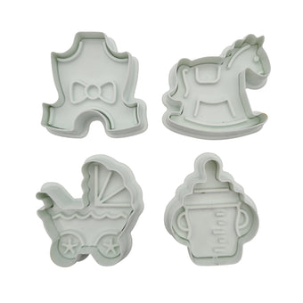 Set of four cookie fondant plunger cutters on a white background