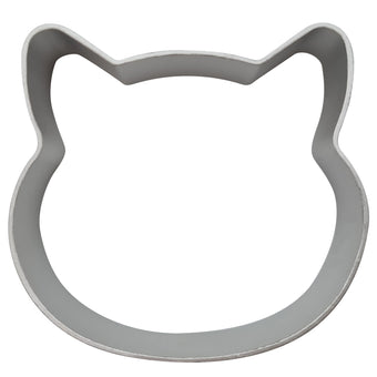 Stainless steel cat head-shaped cookie cutter on a white background