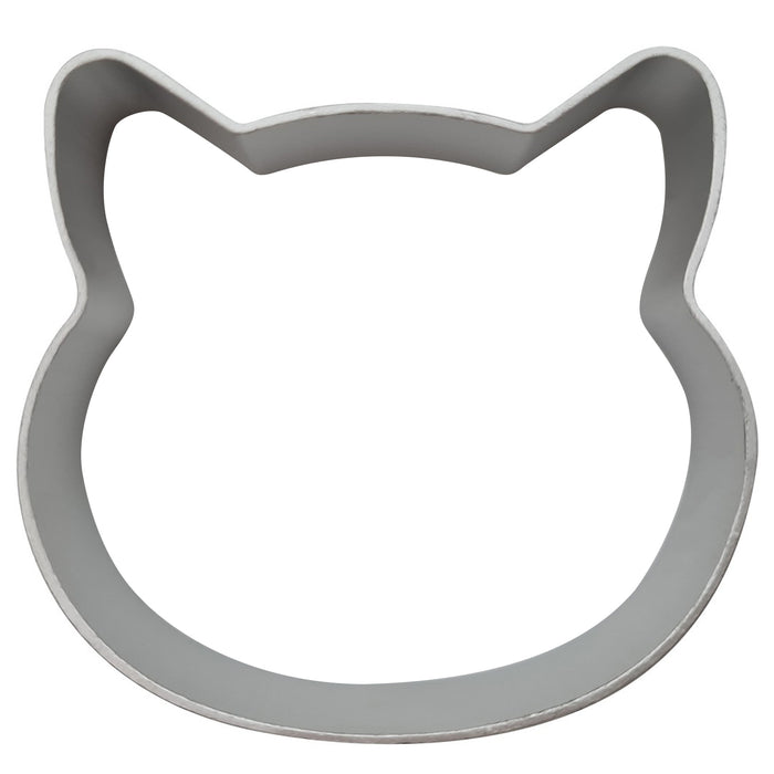 Stainless steel cat head-shaped cookie cutter on a white background