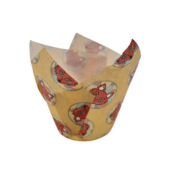 Cupcake wrapper with red fox pattern on a white background