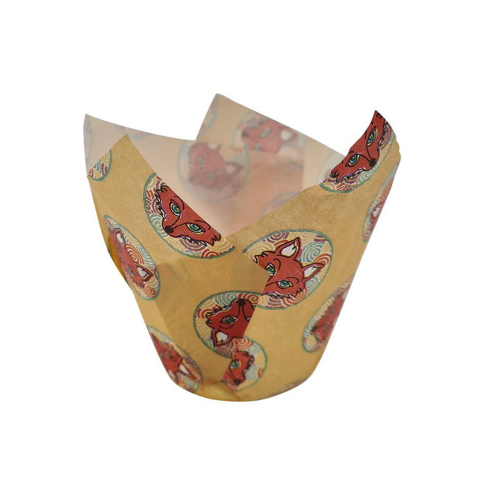 Cupcake wrapper with red fox pattern on a white background