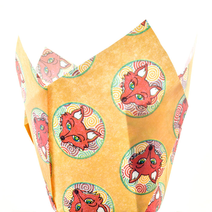 Tulip cupcake wraps with fox pattern on a white background
