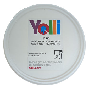 Hydrogenated palm kernel oil container showing bulk size options on a white background