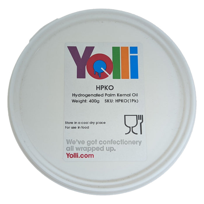 Hydrogenated palm kernel oil container showing bulk size options on a white background