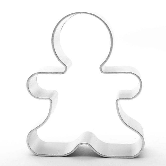 Stainless steel gingerbread man cookie cutter on a white background