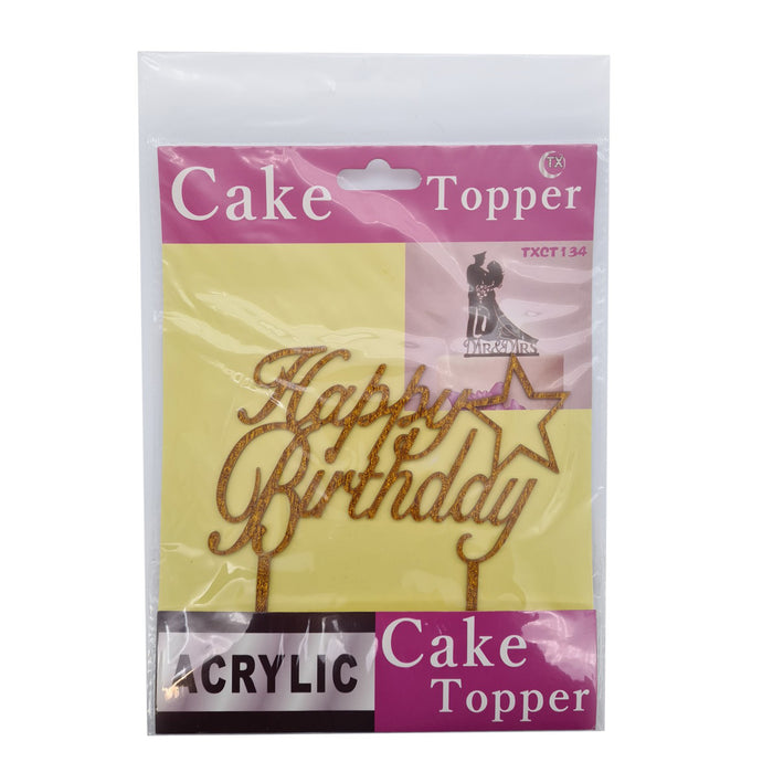 Packaged acrylic cake topper with 'Happy Birthday' text on a white background