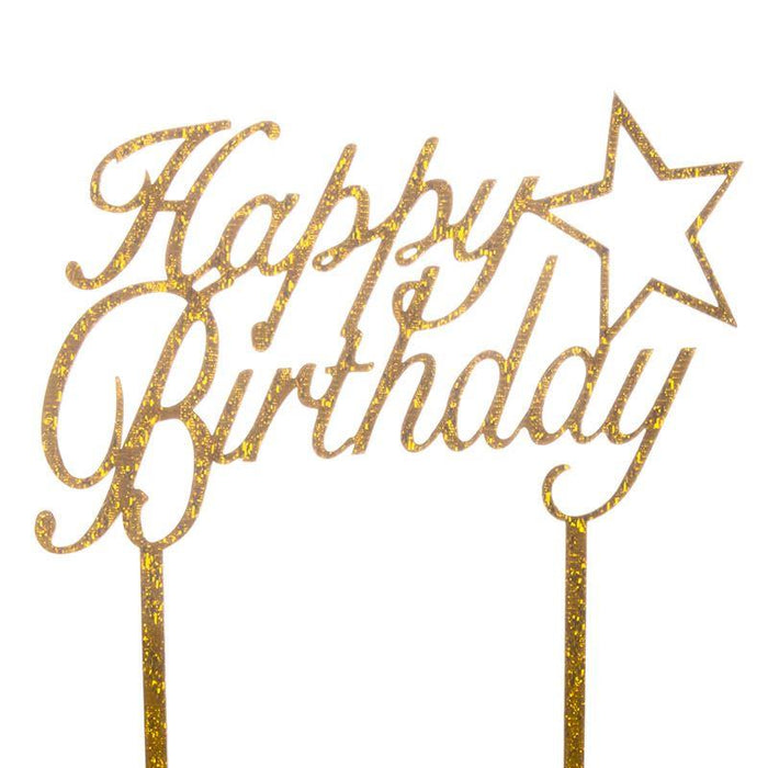 Gold glitter 'Happy Birthday' cake topper with star designs on a white background
