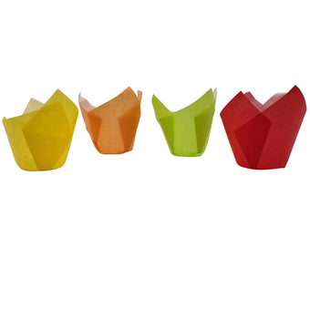 Four colorful tulip-shaped muffin wraps in yellow, orange, green, and red on a white background.