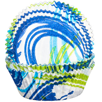 Pack of cupcake liners with blue, green, and white wave design on a white background