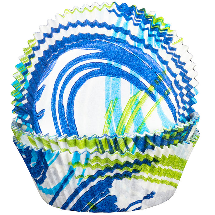 Pack of cupcake liners with blue, green, and white wave design on a white background