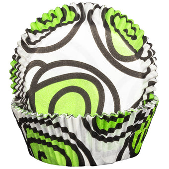 Cupcake liners with green, black, and white pattern on a white background
