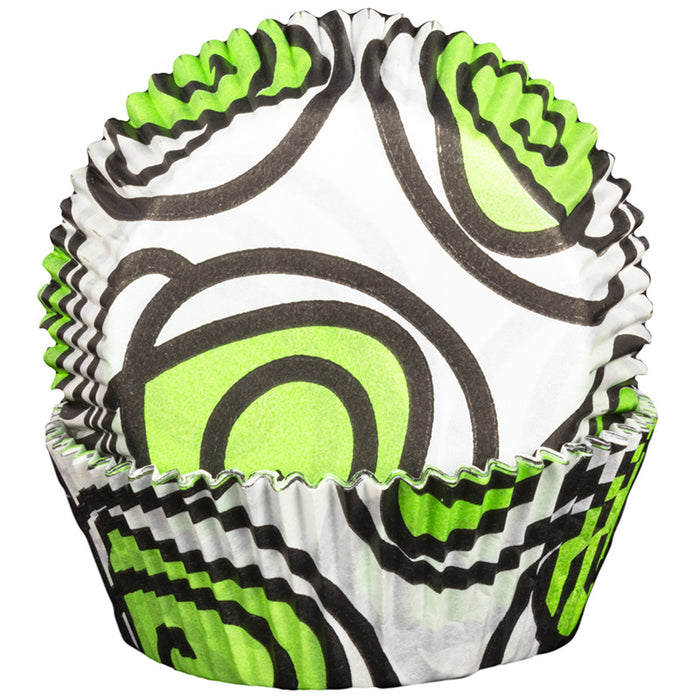 Cupcake liners with green, black, and white pattern on a white background