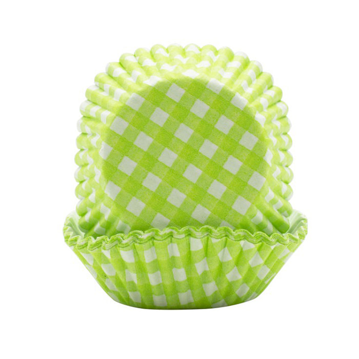 Green and white checkered cupcake liners on a white background