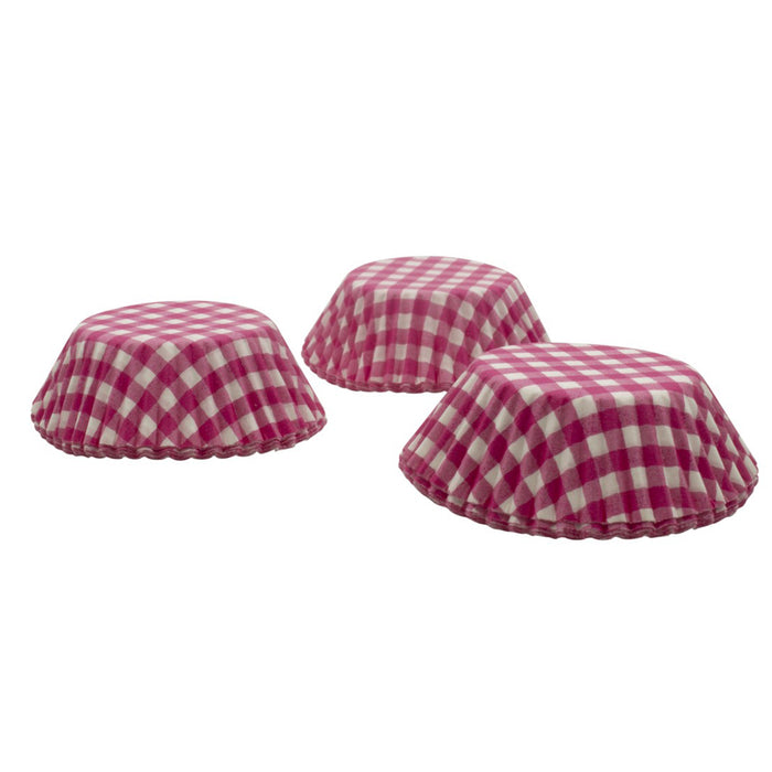 Pink and white checkered cupcake cases on a white background