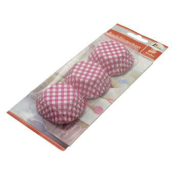Pack of pink and white checkered cupcake cases in packaging on a white background
