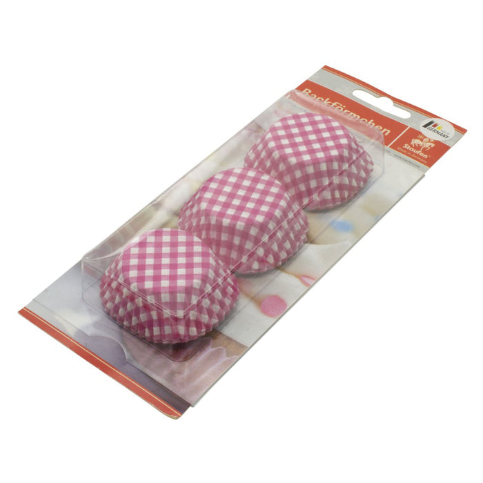 Pack of pink and white checkered cupcake cases in packaging on a white background