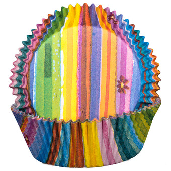 Colorful striped cupcake liner on a white background