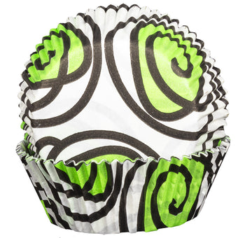 Cupcake liners with green and black pattern on a white background