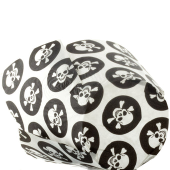 Tulip cupcake cases with black and white skull pattern on a white background