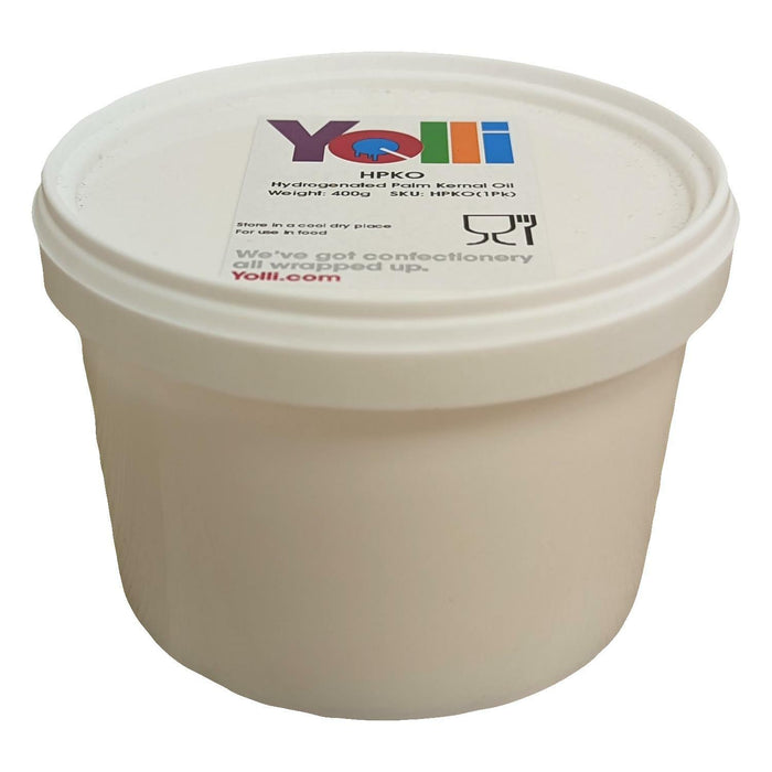 Hydrogenated palm kernel oil in white container with a lid featuring Yolli branding on a white background