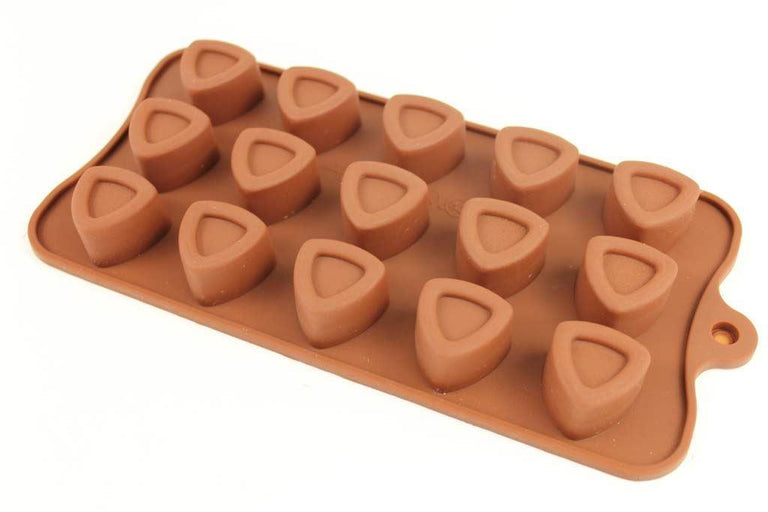 Brown silicone mould with 15 small rounded triangle chocolate cavities