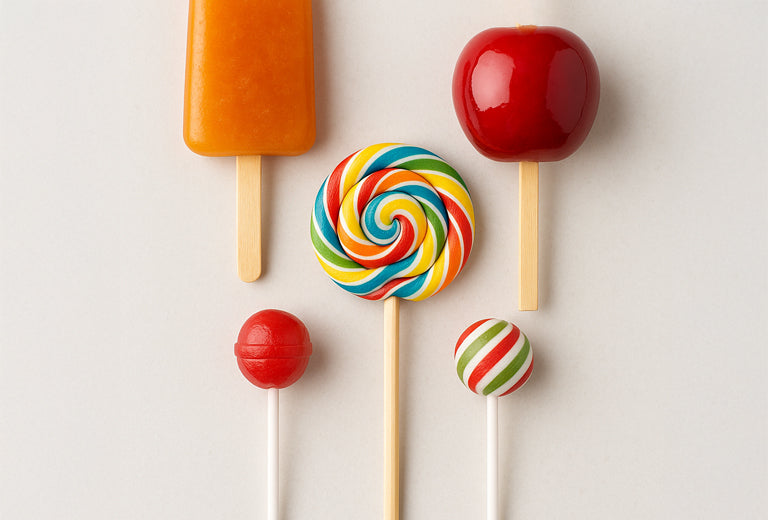 Colorful candies on sticks including a popsicle, lollipops, and a candy apple against a light background.