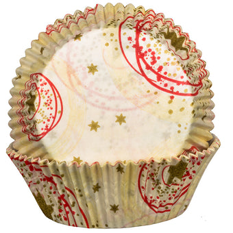 Decorative cupcake liner with red and gold patterns on a white background